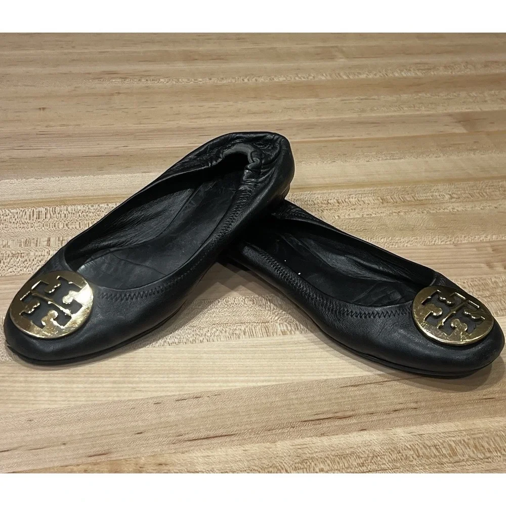 Tory Burch Reva Black Leather‎ Ballet Flats Women's Size 7